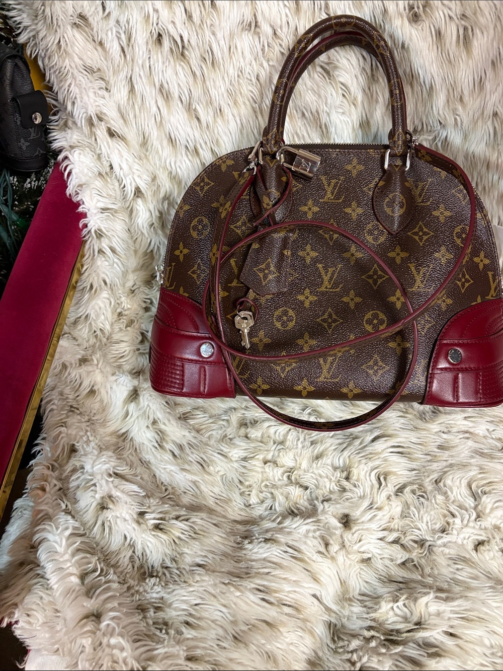 Louis Vuitton Monogram Satchel with Burgundy Red Trim and Brown Canvas